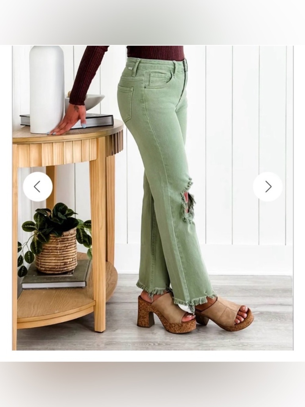 Risen High Rise Distressed Frayed Edgy Straight Jeans in Olive Green Size 15